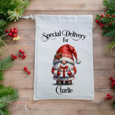 Personalised Christmas Eve Gift Bag - Special Delivery for Name Drawstring Santa Gnome Polyester Stocking